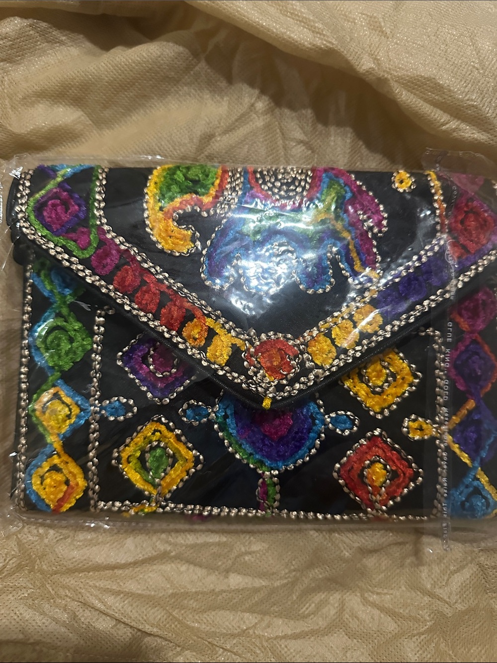 Embroidered Multicolor Envelope Clutch - Black
